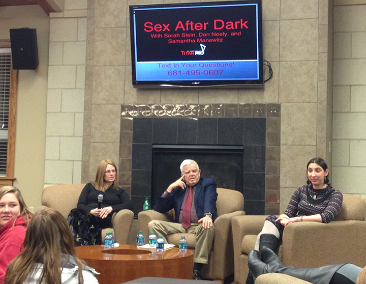 Sorah Stein, Don Neely and Samantha Manewitz answered students’ questions about sex submitted via text at Wednesday’s “Sex after Dark” event in student housing.